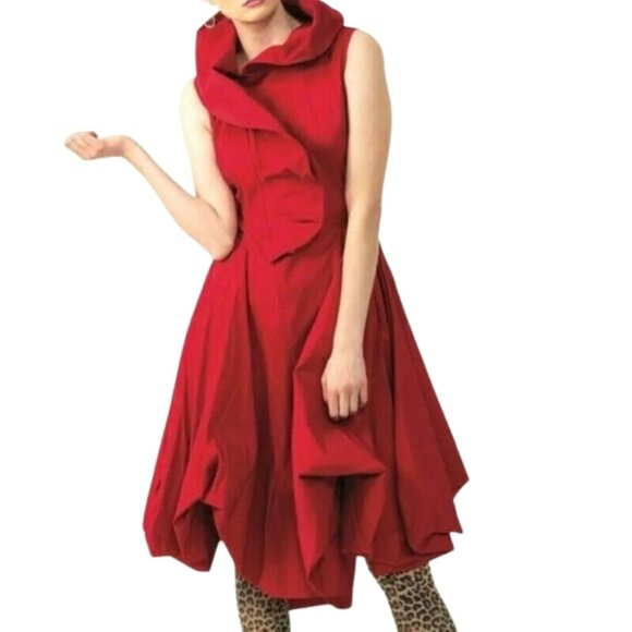 Samuel Dong Red Bubble Dress W/ Asymmetrical Ruffle Collar & Sleeveless Fit Medi - Picture 2 of 10